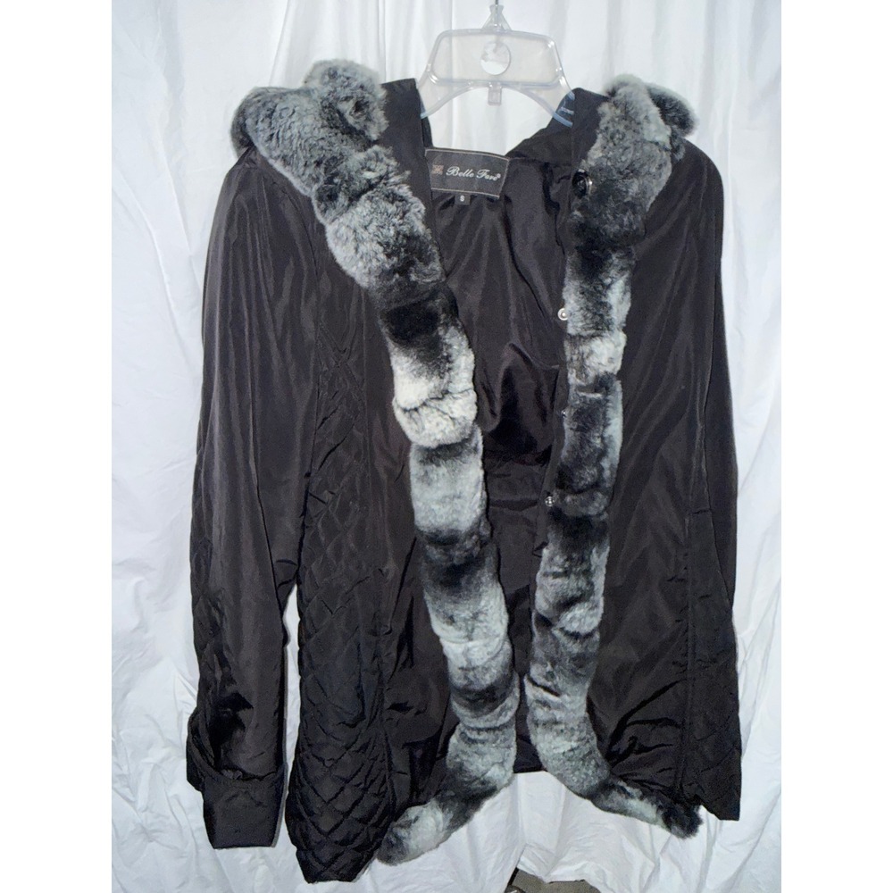 Belle Fare Black Quilted Hooded Jacket Real Rex Rabbit Fur Trim Spain Womens S
